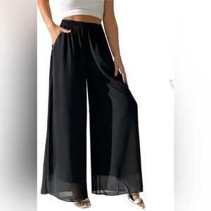 Chiffon Wide Leg Pants Womens 2XL Black (inseam 25) cropped baggy sheer lined